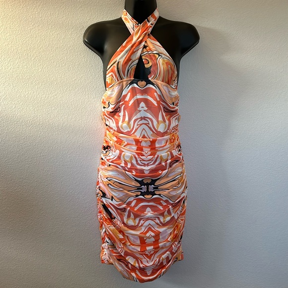 Princess Polly Viviana 70s Mod Swirly Print Cutout Halter Ruched Mini Dress - Picture 4 of 12
